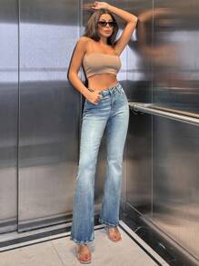 EURMUSE WOMEN FLARE MID WAIST VINTAGE WASHING JEANS - Medium Wash - View 4