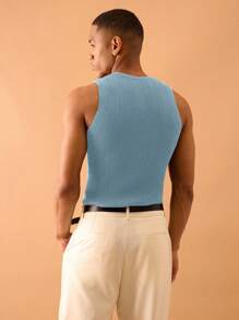 Musero Muscle Fit Front Placket Ribbed Knit Vest Summer Streetstyle Vacation Casual - Baby Blue - View 3