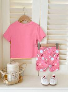 SHEIN Happikins Young Girl 2pcs/Set Casual Minimalist Short Sleeve & Shorts, Suitable For Summer Girls Cartoon Shirt Girls Summer Outfit Young Girl Summer Clothes - Multicolor - View 3