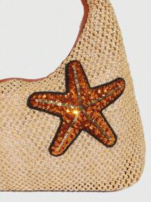 ROMWE Fairycore 1 件热带海滩度假风格芙蓉装饰卡其色女士单肩包，闪粉贴片装饰草编度假包 - 彩色 - 查看 6