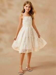 SHEIN Tween Girl Elegant Floral Print Cami Dress, Sleeveless High Waist Chiffon Dress For Summer, Apricot
