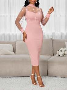 SHEIN Lady Robe mi-longue élégante pour femmes, en maille et à manches bouffantes, col montant, en tissu tricoté, ajustée, avec perles, pour invitée de mariage, tenue de bureau décontractée, anniversaire, pour toutes les saisons - Rose bonbon - Voir 5