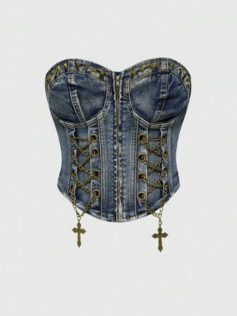 ROMWE Avant Plus Size Distressed Vintage Washed Side Metal Cross Pendant Denim Camisole