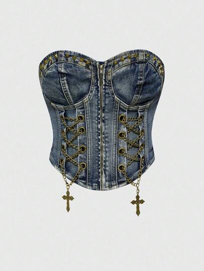 ROMWE Avant Plus Size Distressed Vintage Washed Side Metal Cross Pendant Denim Camisole