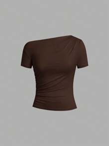 Ellevyn Camiseta de mujer casual de cuello asimétrico arrugado, para el verano - Café integral - Ver 3