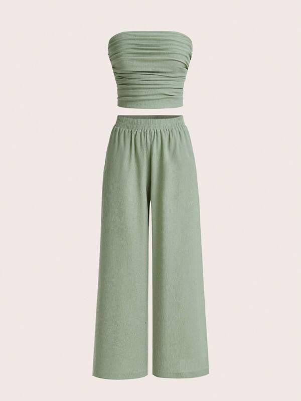 SHEIN EZwear 2 stuks Plus Size Textured Fabric Open Shoulder Top en Broek Set, Lente/Zomer