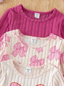 Genkimix Kids 3pcs/Set Toddler Girls Fluffy Striped Ribbed Crew Neck Top With Arc Hem, Pants And Rose Red Solid Color Bow Pattern Casual Fashion Outfit - Multicolor - View 7