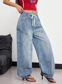 SHEIN EZwear Damen Lässig Alltags abgenutzte Schrägtasche Lose Jeans Hose - Helle Waschung - Übersicht 8