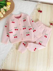 SHEIN Baby Girls Knit Sweater Co-Ord Set, Pink With Cherry Motif, Soft & Comfortable For Casual, Outdoor, Travel, Vacation, Home, Daycare, And Playtime Fall Winter