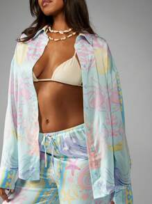 MISSGUIDED Summer Beach Pajama Set Two Piece Pastel Coral Print Loungewear Wide Leg Pants Button Down Shirt Resort Wear Vacation Beachwear - Multicolor - View 6