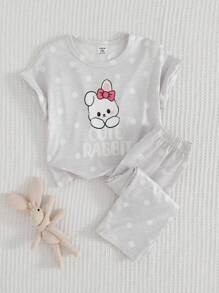 2件套女婴可爱兔子和波尔卡圆点印花短袖上衣和宽松裤子休闲睡衣套装 - 彩色 - 查看 1