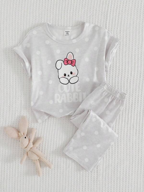 2pcs/Set Baby Girls' Cute Rabbit & Polka Dot Print Short Sleeve Top And Loose Pants Casual Pajamas Set Back To School Girls Clothes Girls Summer Outfits Back Tp School Clothes School Clothes School Supplies School Bags  Toddler Pajamas Baby Girl Pajamas Bunny Pajamas