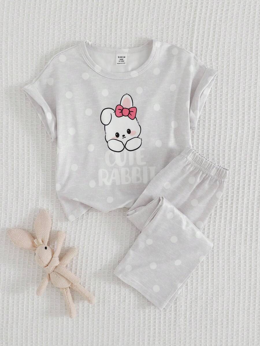 2件套女婴可爱兔子和波尔卡圆点印花短袖上衣和宽松裤子休闲睡衣套装 - 彩色 - 查看 1