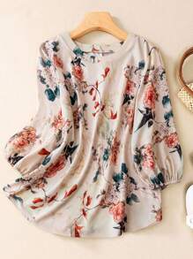 Linhara 复古花卉印花圆领长袖衬衫，大码女式 - 彩色 - 查看 1