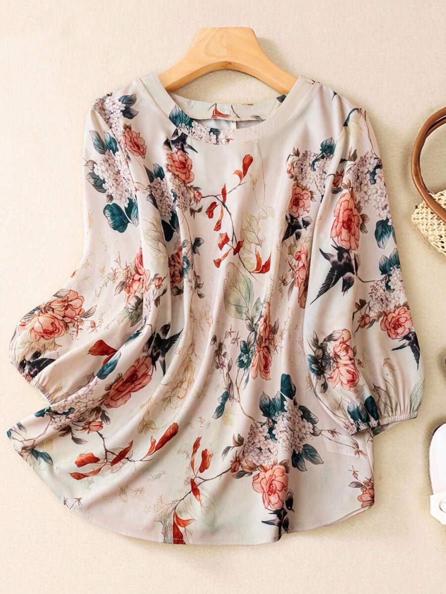 Linhara 复古花卉印花圆领长袖衬衫，大码女式 - 彩色 - 查看 1