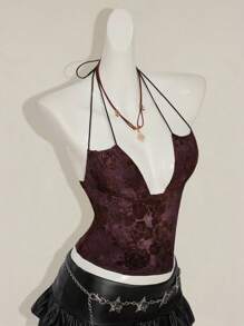 SHEIN ICON Women's Retro Green Flocked Jacquard Deep V-Back Criss-Cross Strap Sexy Backless Tank Top - Burgundy - View 7