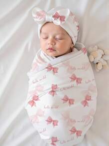 SHEIN 2 件套新生儿摄影襁褓包粉色蝴蝶结印花女婴拍照道具带蝴蝶结头巾帽新生儿毯子