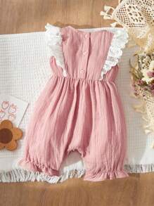 Blossori Baby Girl Floral Embroidered Ruffled Trim Jumpsuit, Vacation Countryside Style - Pink - View 2