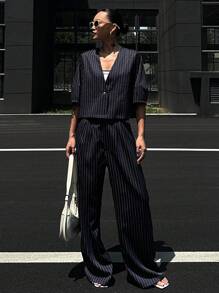 Livesso 2pcs Women V-Neck Striped Blouse And Casual Pants Set Lounge Sets For Women - Blue and White - View 6