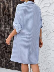 EMERY ROSE 大码条纹印花前扣休闲百搭连衣裙 - 藍白色 - 查看 7