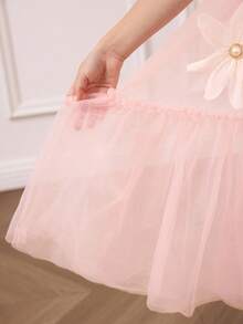 SHEIN Young Girl Woven Mesh Floral 3D Round Neck Sleeveless Flower Girl Dress,Blush Pink,Summer,Birthday,Formal Dusty Pink Solid Color Girls Mesh Dress - Dusty Pink - View 5