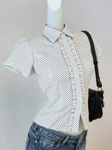 SHEIN EZwear Áo cánh chấm bi dệt màu trắng cổ yếm tay ngắn cho nữ - Đen và trắng - Xem 3