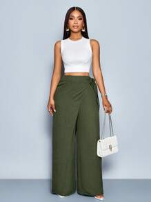 SOLERSUN 女式仿亚麻高腰亚麻混纺侧系带阔腿裤 - 軍綠色 - 查看 5