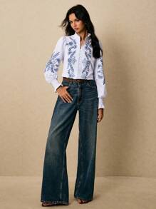 Poéselle 女士休闲/办公条纹和花朵刺绣长袖衬衫