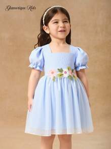 SHEIN Glamorique Kids Baby Girl Square Neck Puff Sleeve Mesh Princess Vacation Dress Baby Princess Dress Princess Dress Toddler Party Princess Dress For Baby Princess Dress For Toddlers Elegant Dresses For Baby Girl