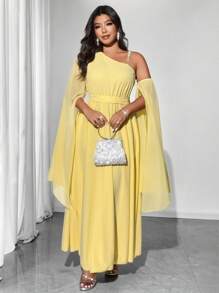 Viva Relle Vestido de gasa con mangas abullonadas, hombros asimétricos y decoración de diamantes, para invitado de boda, elegante para fiesta de noche, talla grande