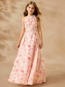 SHEIN Tween Girls Elegant Ditsy Floral Wedding Flower Girl Dress, Chiffon Ruffled Cape Overlay Mid-Length Prom Gown - Red and White - View 6