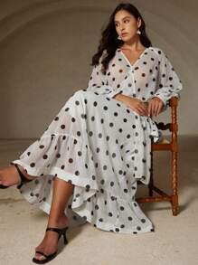 Aveloria Rosie Elegant Romantic Bohemian Ribbon Contrast Color Polka Dot Chiffon Blouse With Skirt 2 Pieces Set, Plus Size