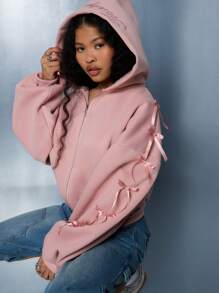 SUMWON Plus Size Bow Detail Cropped Zip Up Hoodie Fall Winter Casual Loungewear Fashion Forward Statement Piece Cozy Streetwear Graduation,Back To School Outfits,Graduation,Teacher Outfits For Women,Back To School Autumn - Pink - View 3