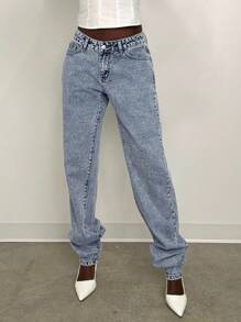 SHEIN Unity 中腰酸洗牛仔裤，堆叠式休闲街头风长裤，适合秋季感恩节、圣诞节、新年夜等节日穿着，女士百搭单品。 - 淺色水洗藍 - 查看 5