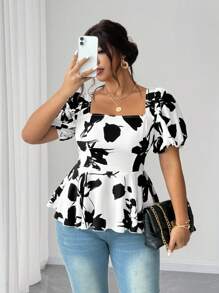 Elenzga Plus Size Women Elegant Floral Print Ruffle Puff Sleeve Shirt - Black and White - View 3
