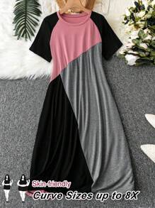 SHEIN CURVE+ Plus Size Casual Loose Fit Minimalist Round Neck Short Sleeve Dress, Daily Wear - Multicolor - View 1