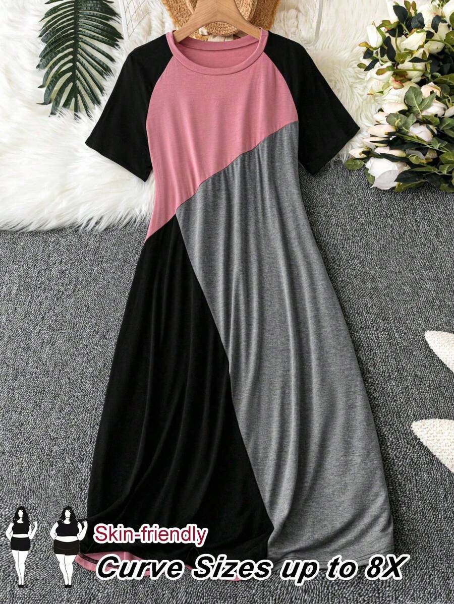SHEIN CURVE+ Plus Size Casual Loose Fit Minimalist Round Neck Short Sleeve Dress, Daily Wear - Multicolor - View 1