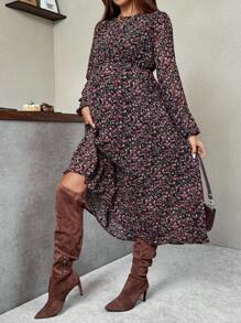 SHEIN Fall Clothes,Autumn Clothes,Maternity Autumn Clothes Maternity Maternity Floral Print Crew Neck Long Sleeve Dress Ditsy Floral Dress Fall Dresses For Women Long Sleeve Midi Dress Autumn Dress Wildflower Dress - Black - View 8