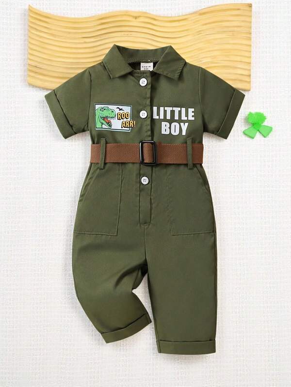 SHEIN Playful Pals Toddler Boys' Cute Dinosaur Print Short Sleeve Jumpsuit With Belt, Casual Holiday Outfit, Spring/Summer