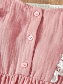 Blossori Baby Girl Floral Embroidered Ruffled Trim Jumpsuit, Vacation Countryside Style - Pink - View 5