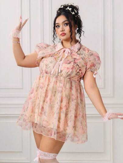EDITION Plus Size Retro Palace Romantic Doll Dress With Puff Sleeves, Satin Ribbon & Bow Decor 2 Pieces Set