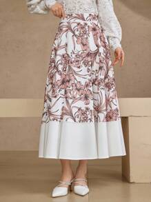 DAZY Elegant Mixed-Color Floral Print Patchwork Women's A-Line Skirt - Khaki - View 6