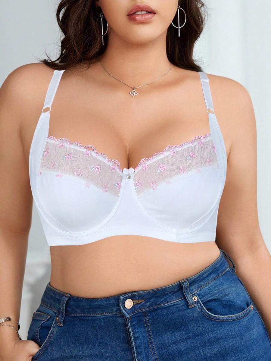 SHEIN 1 pieza Sujetador blanco de talla grande con paneles de malla y bordados, con aros cómodos, para usar en cualquier momento - Blanco - Ver 1