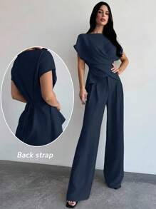 Firerie 女士优雅通勤抹胸系腰衬衫和阔腿裤套装