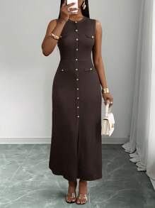 Slaydiva 新款春夏休闲优雅圆领无袖包边装饰金属扣鱼尾裙开襟包臀裙黑色纹理针织面料女长裙-B