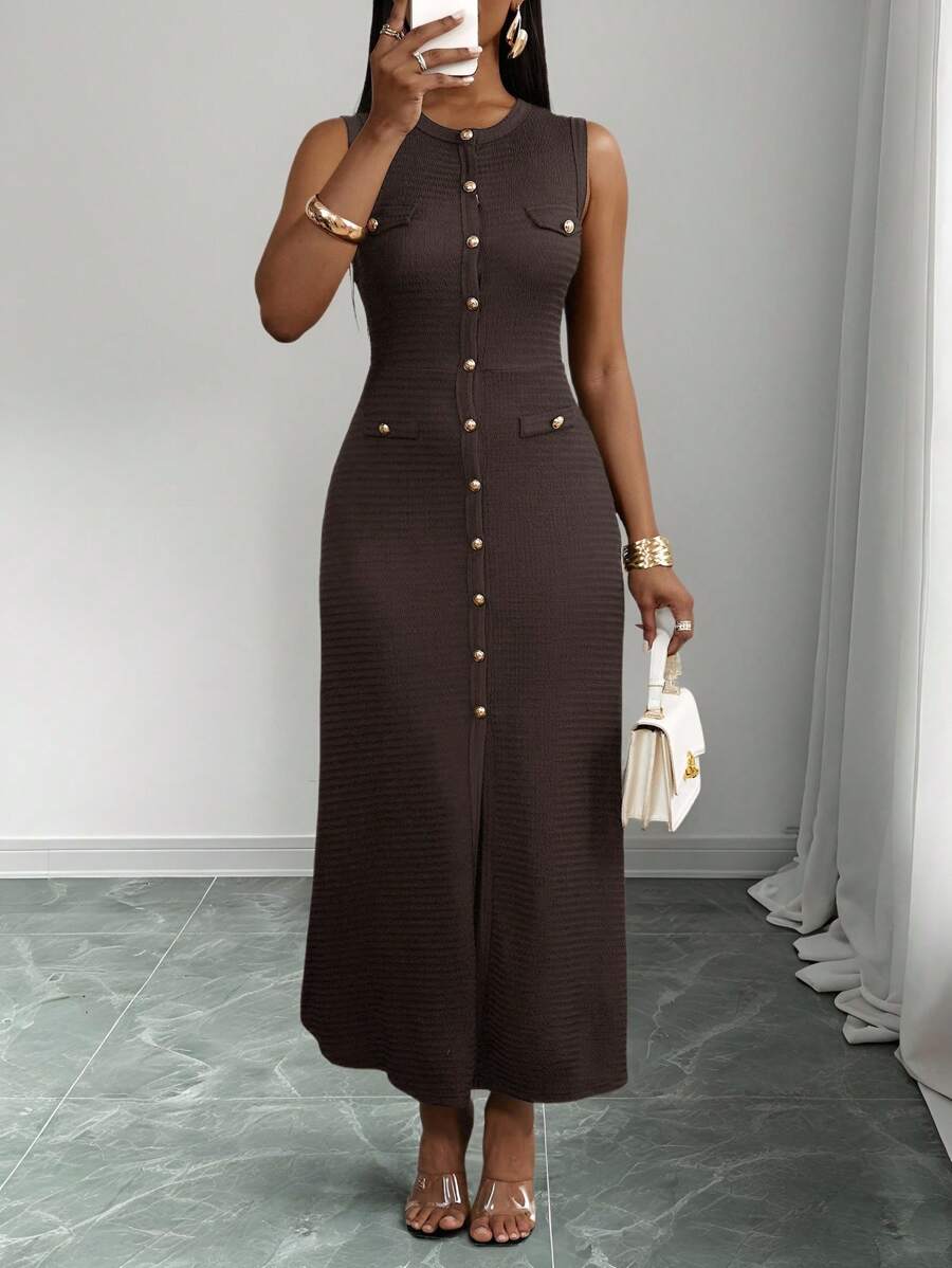 Slaydiva 新款春夏休闲优雅圆领无袖包边装饰金属扣鱼尾裙开襟包臀裙黑色纹理针织面料女长裙-B