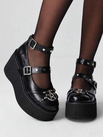 Grunge Punk Women's Thick Platform Mary Jane Shoes, Round Toe Slip-On With Adjustable Ankle Strap, Goth Punk Style Round Star Decor, Fashion Casual Suitable For Stage Performance