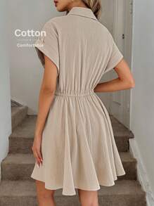 Easowa 女式短袖半开领衬衫式连衣裙，系腰，棉质面料，舒适 - 杏色 - 查看 5