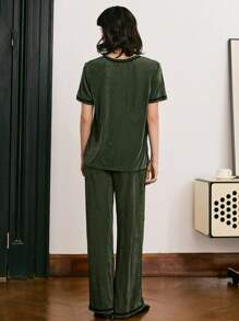 Women's Casual Minimalist Contrast Color Strap Short Sleeve Pants Pajama Set - Dark Green - View 2
