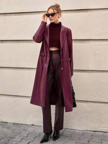 CLARA VERO 女士时尚街头时尚 PU 皮革翻领金色纽扣叶状长款风衣，时尚长款皮大衣 - 酒紅色 - 查看 7